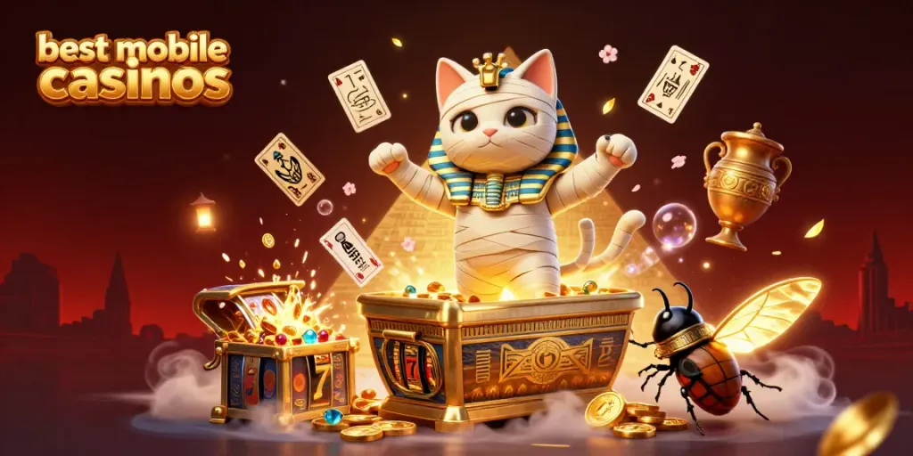 Experience the thrill of the best mobile online casinos with 3D Egyptian theme featuring a mummy cat character.