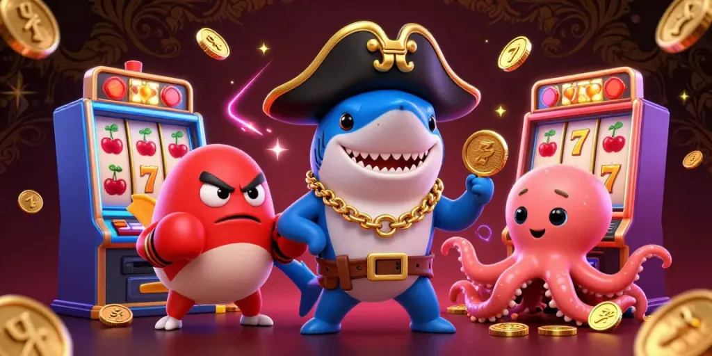 Experience exciting wins with jogjatoto in this vibrant 3D cartoon pirate scene featuring spinning slot machines and playful sea creatures.