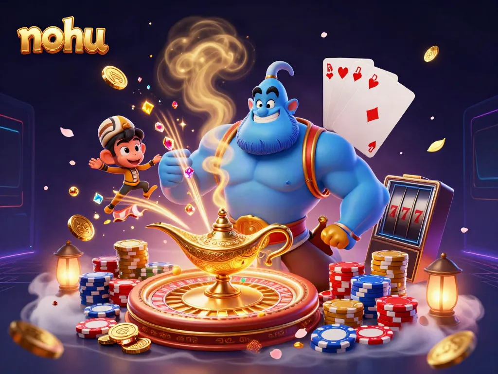 Engage in nohu jackpot excitement with a genie, monkey, and casino elements amid sparkling coins.