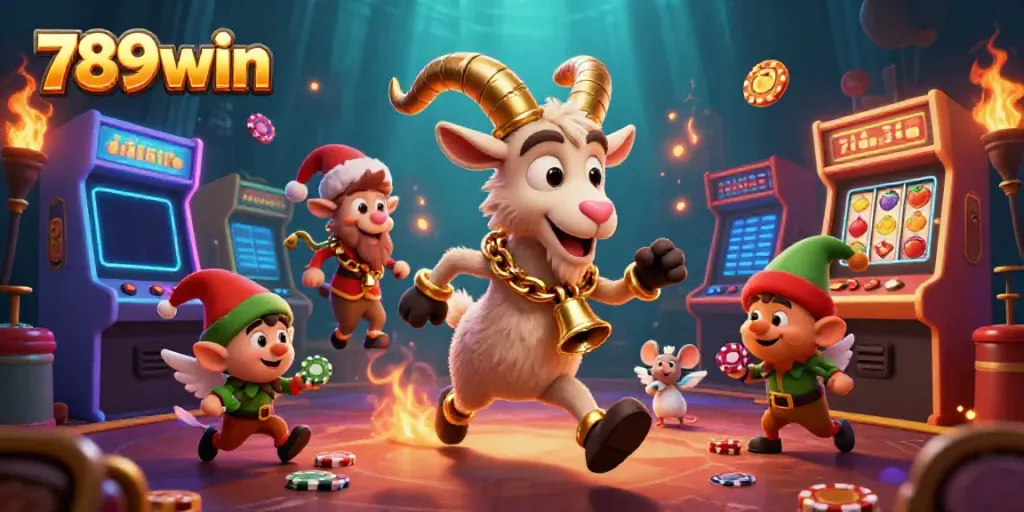 Experience the excitement of 789win with a playful Krampus goat, angel mouse, and mischievous elf in a vibrant casino scene.
