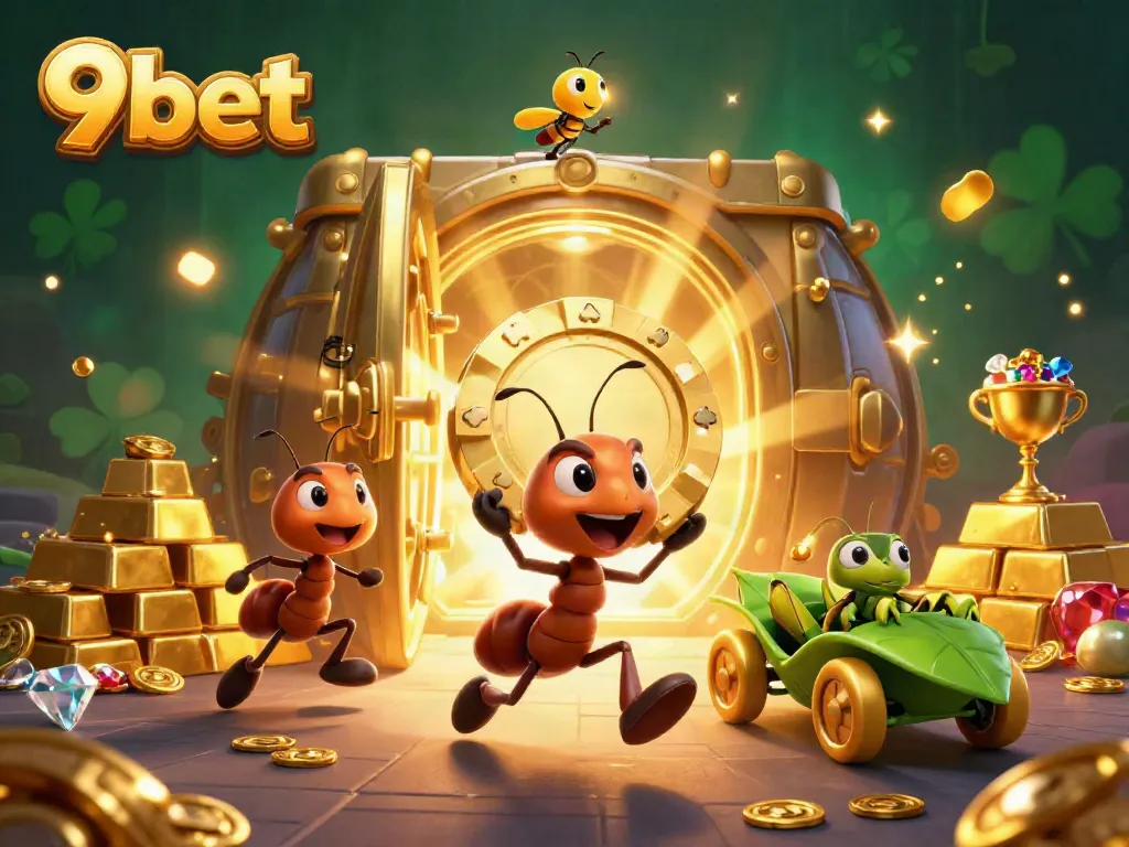 Experience 9bet’s thrilling gaming adventure with ants carrying a giant poker chip through a treasure-filled tunnel.