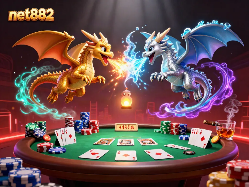 Experience net882's dynamic poker scene with golden and silver dragons in a vivid 3D fantasy.