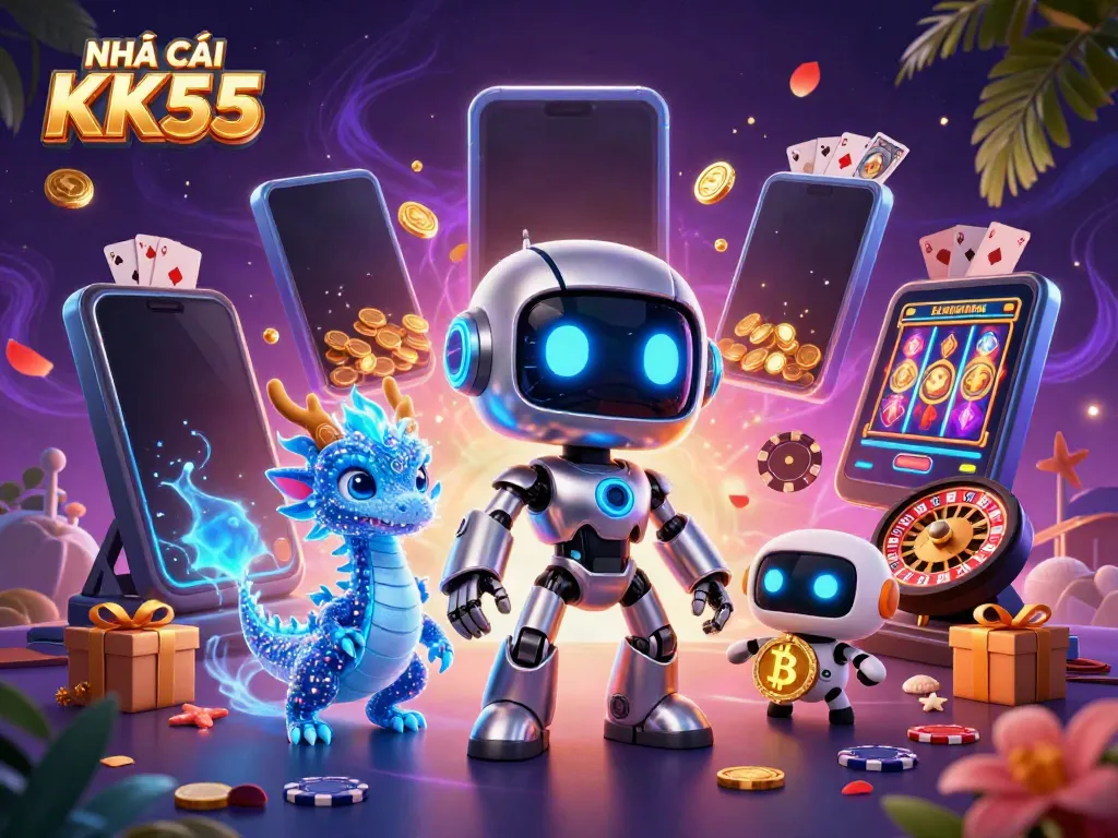 Engage with slots at NHÀ CÁI KK55 with a futuristic 3D gaming scene filled with vibrant casino elements.