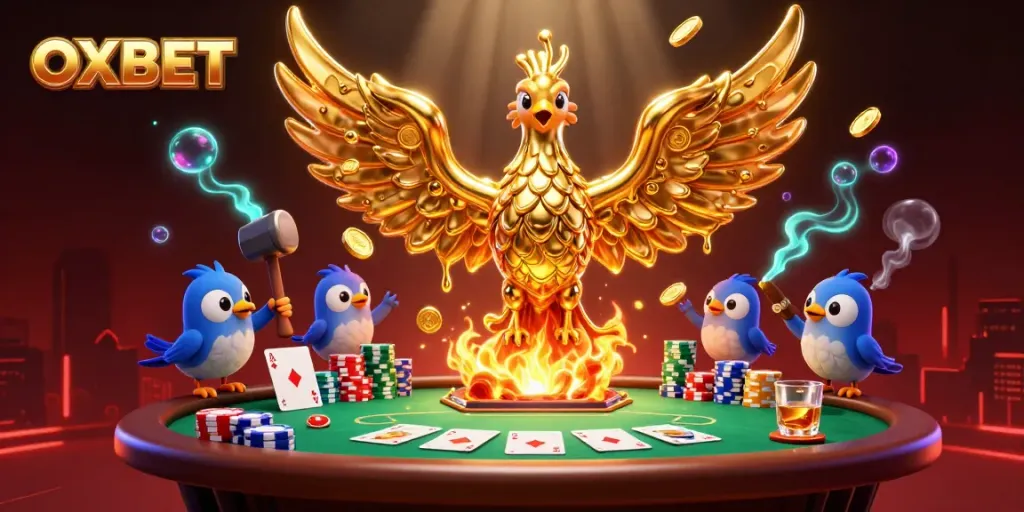 Experience the thrill of OXBET with a golden phoenix and dynamic casino elements in this captivating graphic.