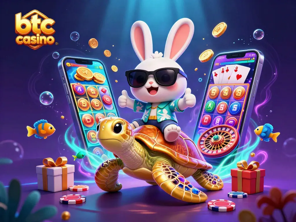 Experience the thrill of btc casino with our lively scene featuring a lucky rabbit and sea turtle surrounded by vibrant gaming elements.
