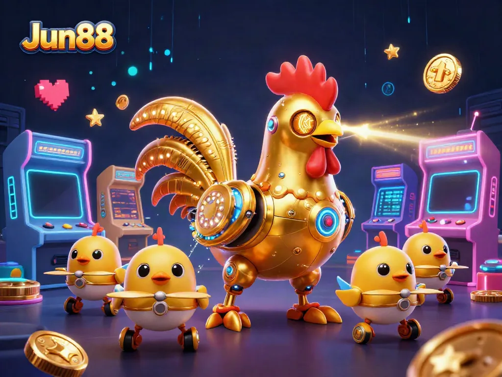 Engage in thrilling gameplay with Jun88's stellar casino experiences featuring a vibrant retro-futuristic illustration.