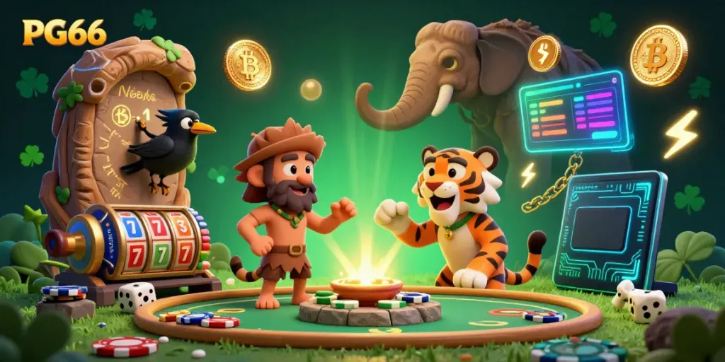 Engage with PG66 at a captivating prehistoric casino run by a caveman and sabertooth tiger.