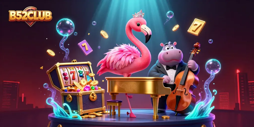 B52CLUB showcases a thrilling casino scene with dynamic gaming elements and colorful characters, enticing players.