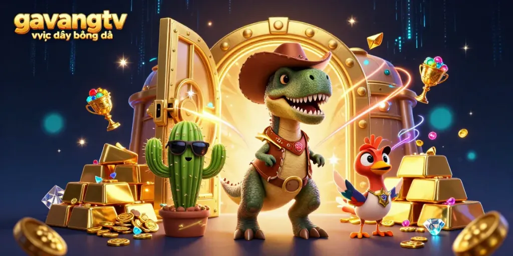 Experience the thrill of gavangtv trực tiếp bóng đá with a dynamic cowboy dinosaur and gambling elements.