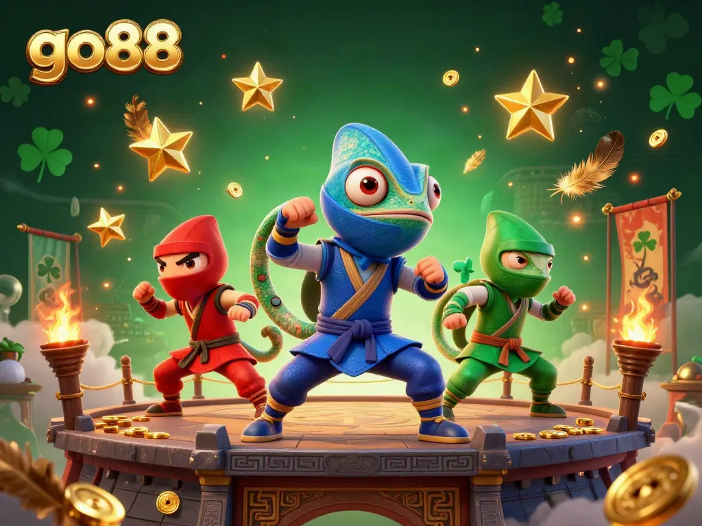 Engage with go88's thrilling 3D ninja chameleon illustration amidst coins and dramatic effects.