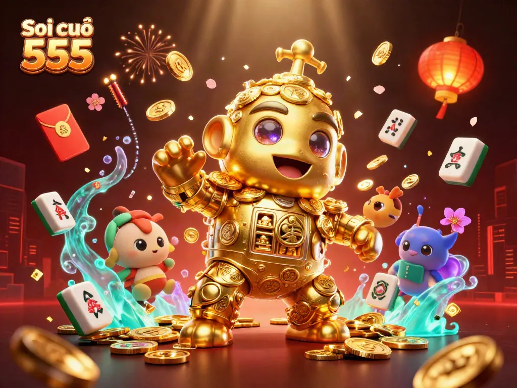 Experience the excitement of Soi cầu 555 with a dynamic scene featuring a golden golem and festive symbols.