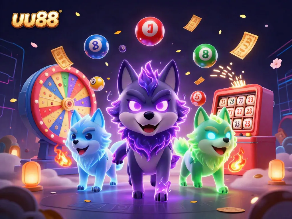 Experience thrilling action with uu88 as the mystical wolf pack leads a colorful lottery scene filled with vibrant game elements.