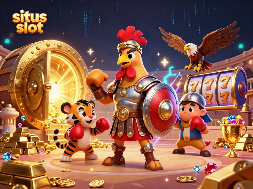 Situs slot featuring vibrant rooster gladiator, slot reels, and gem-strewn treasures in an animated arena