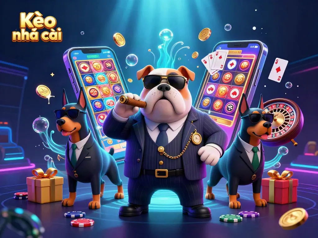 Engage in Kèo nhà cái with a dynamic illustration featuring a mafia bulldog and Doberman bodyguards amid casino elements.