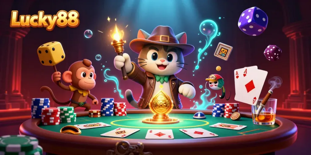 Engage with Lucky88 at this vibrant 3D scene, featuring a cat archaeologist and poker elements, evoking excitement and action.