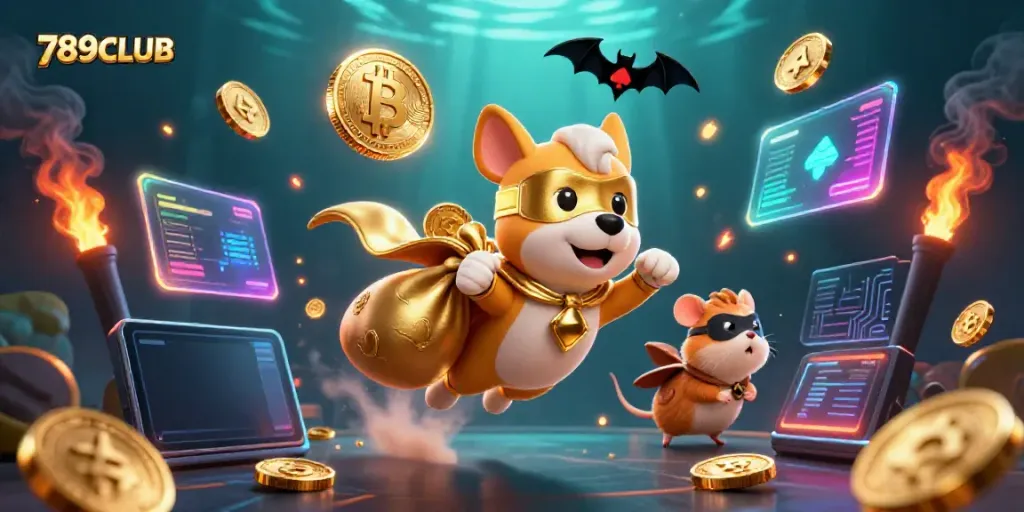 Engage with 789CLUB through vibrant superheroes, gold coins, and crypto gaming symbols in a dynamic scene.