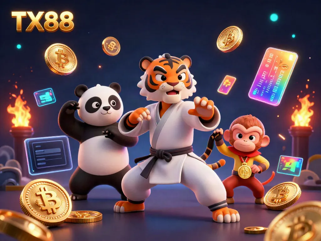 Engage in high-stakes fun with TX88 as a kung fu master and friends enjoy crypto-themed action.