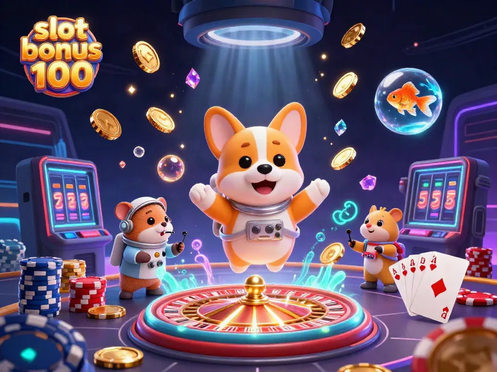 Engaging action scene with slot bonus 100 in a colorful casino, featuring a floating corgi and shimmering coins.