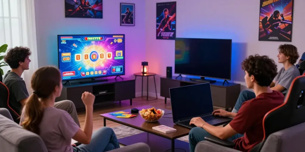 Friends enjoying online lottery games with davo 88 in a vibrant living room.