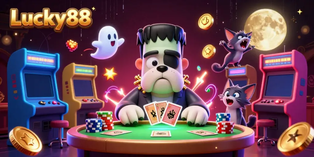 Play cards at Lucky88's haunted casino scene featuring colorful arcade elements.