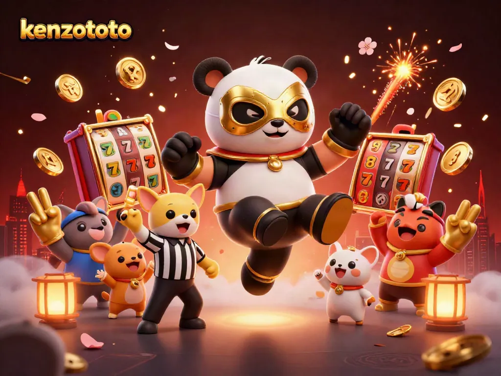 Experience kenzototo with exciting slot gameplay featuring a panda wrestler and lively crowd in a dynamic illustration.