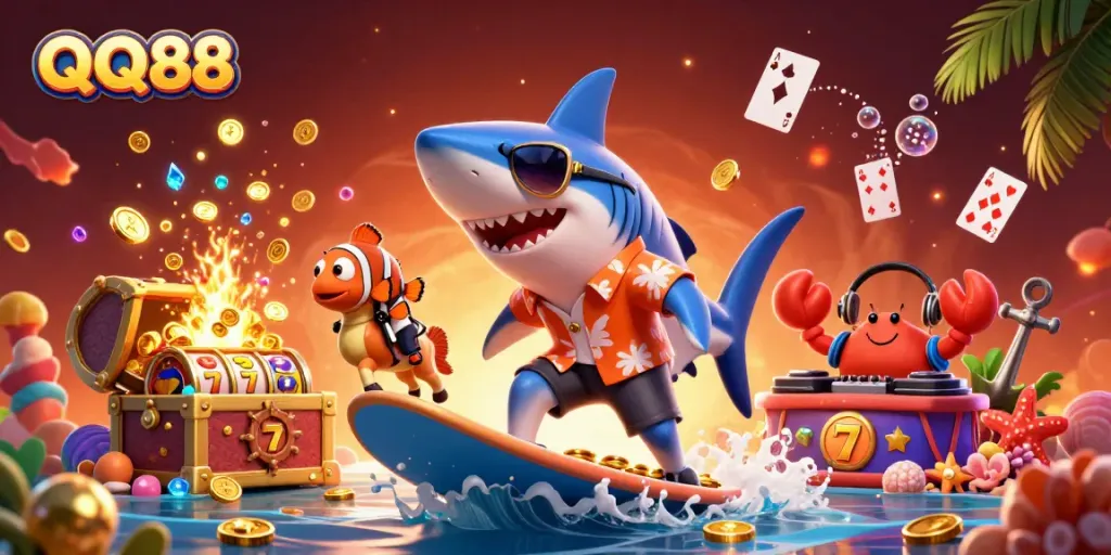 Experience excitement with QQ88 as cartoon characters dive into a sea of gold coins and gaming treasures.