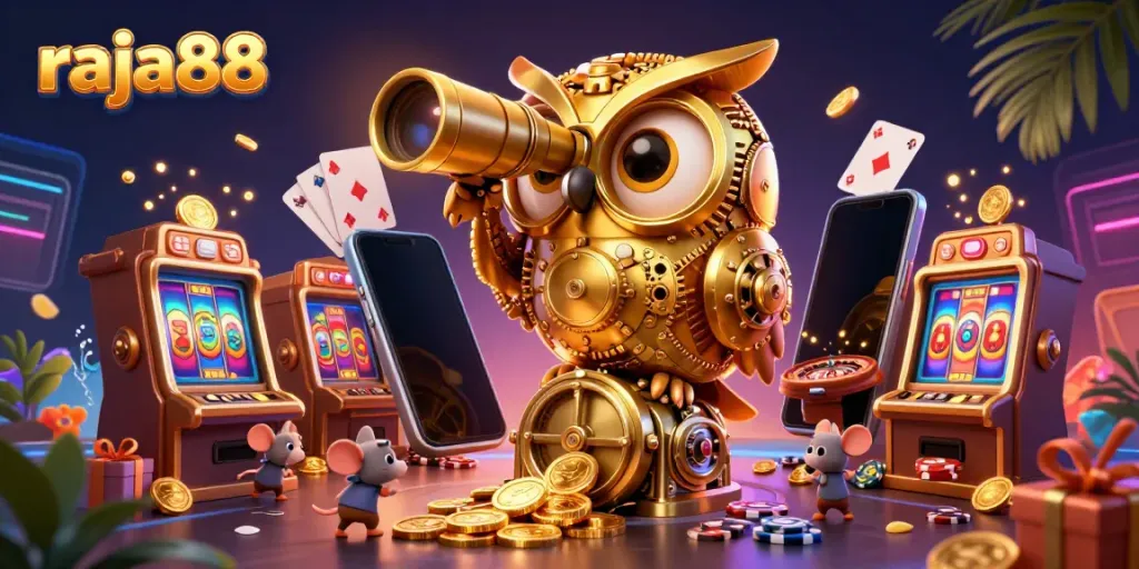 Engage in thrilling games at raja88 with a whimsical 3D scene of owl, mice, and casino elements.