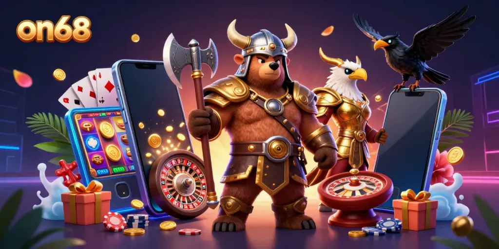 Engage in thrilling gameplay with on68's exciting slot jackpot scene featuring animated characters and casino elements.