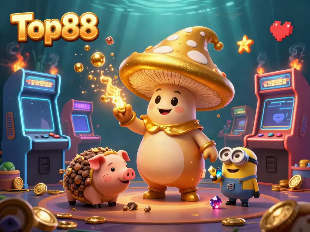Experience Top88 excitement with a golden wizard and playful treasures in a vibrant casino scene.