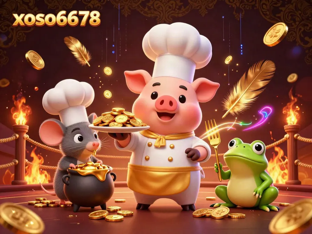 Experience the thrill of xoso6678 with a lively casino scene featuring chefs and golden rewards.