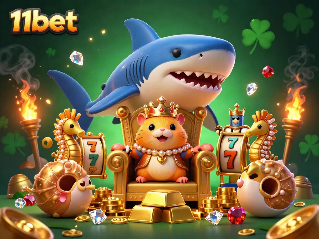 Experience the excitement of 11bet with vibrant visuals of a golden hamster king and treasure in a casino-themed scene.