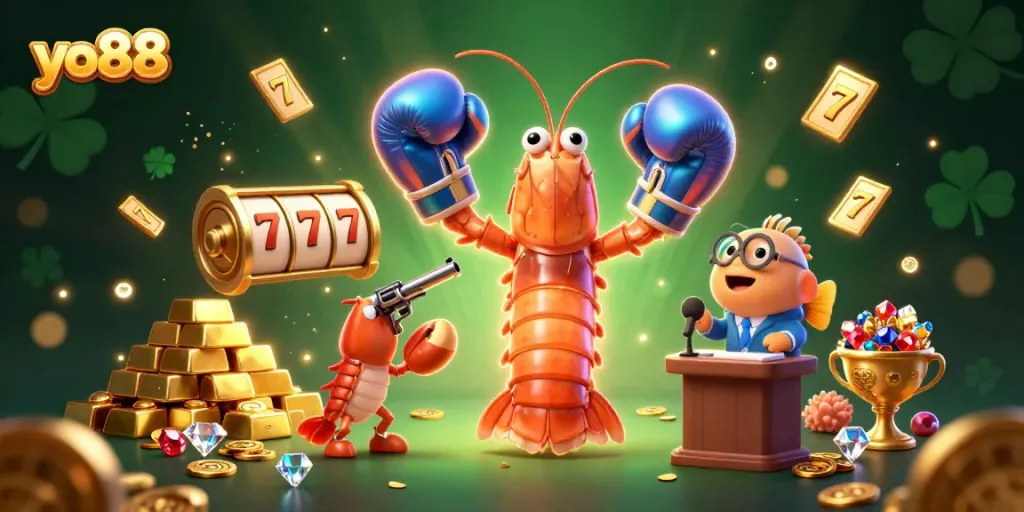 Win big with yo88 in this vibrant casino scene featuring dynamic slot reels and treasure elements.