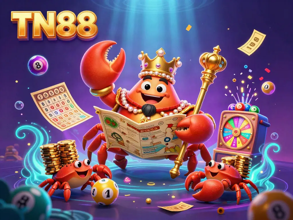 Engage with TN88's vibrant casino atmosphere featuring a golden crab emperor amid lottery excitement.