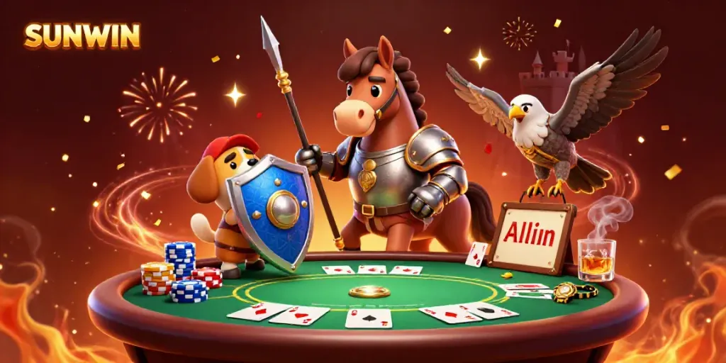 Experience thrilling gaming action with SUNWIN in a vibrant poker scene showcasing knights and playful elements.