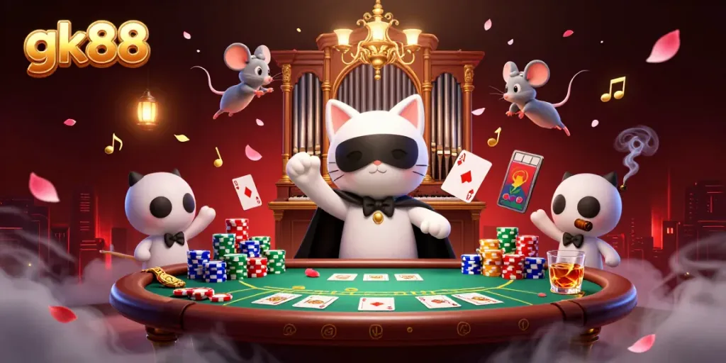 Experience gk88 with a captivating casino scene featuring a whimsical cat and mouse duo.