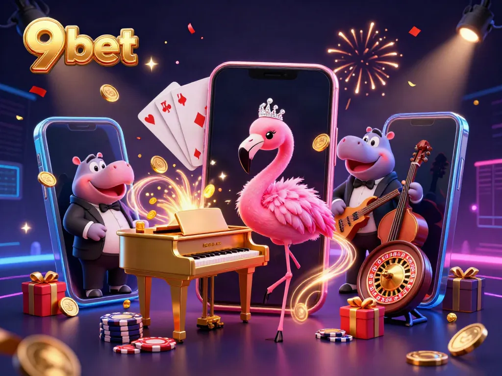 9bet offers exciting online gaming with a colorful casino scene featuring a flamingo singer and hippo bassist.