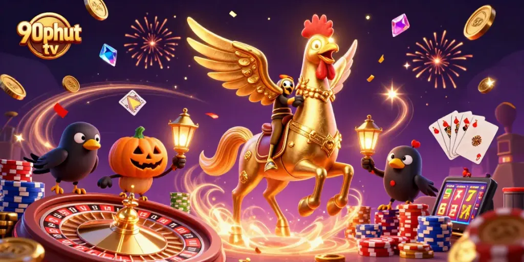 Experience thrilling action on 90phut tv with golden rooster gambling in a vibrant casino scene.