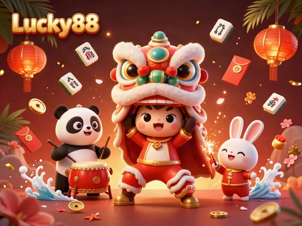 Experience high-stakes gaming with Lucky88 in this vibrant casino scene featuring dynamic characters and festive elements.