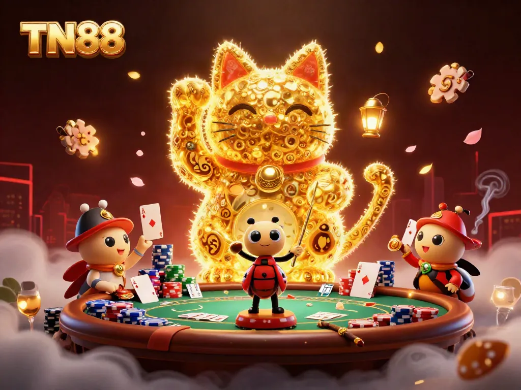 Experience TN88's vibrant casino atmosphere with golden fireflies and poker elements.