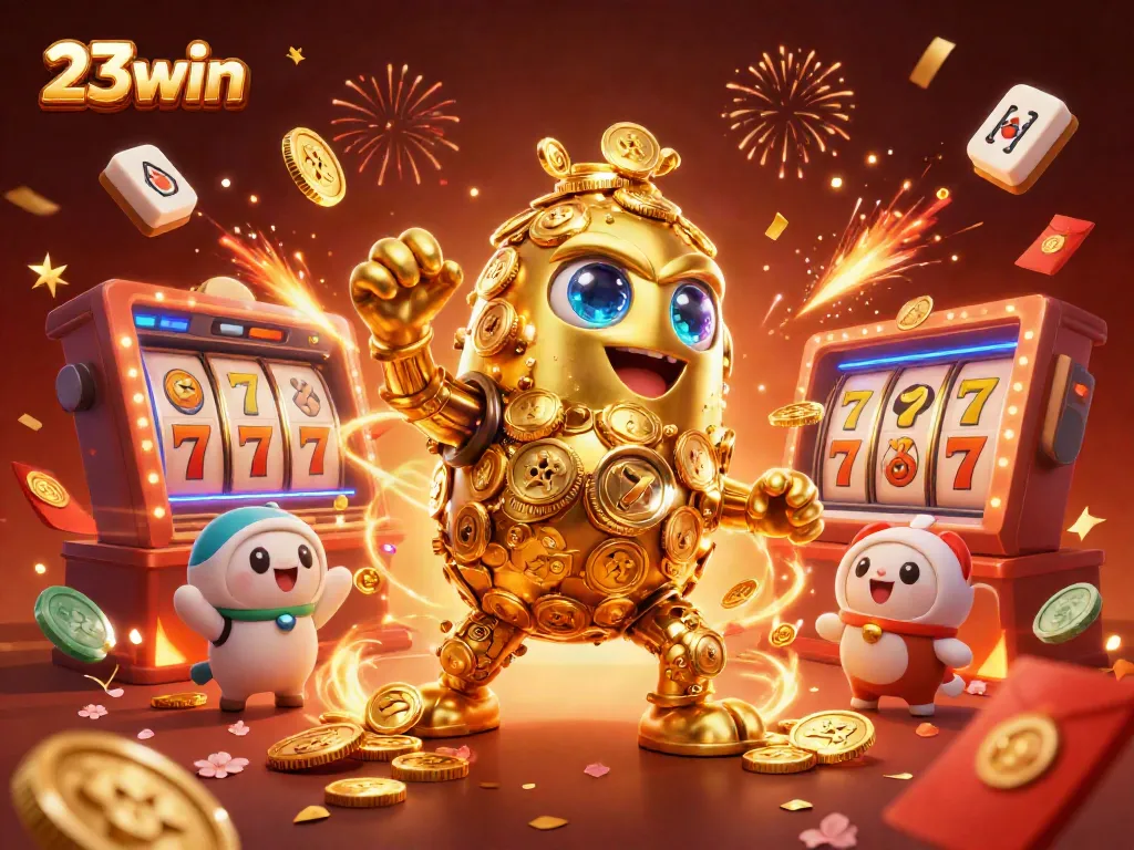 Engage with a vivid 3D illustration of the 23win casino experience featuring golden golems and slot symbols.
