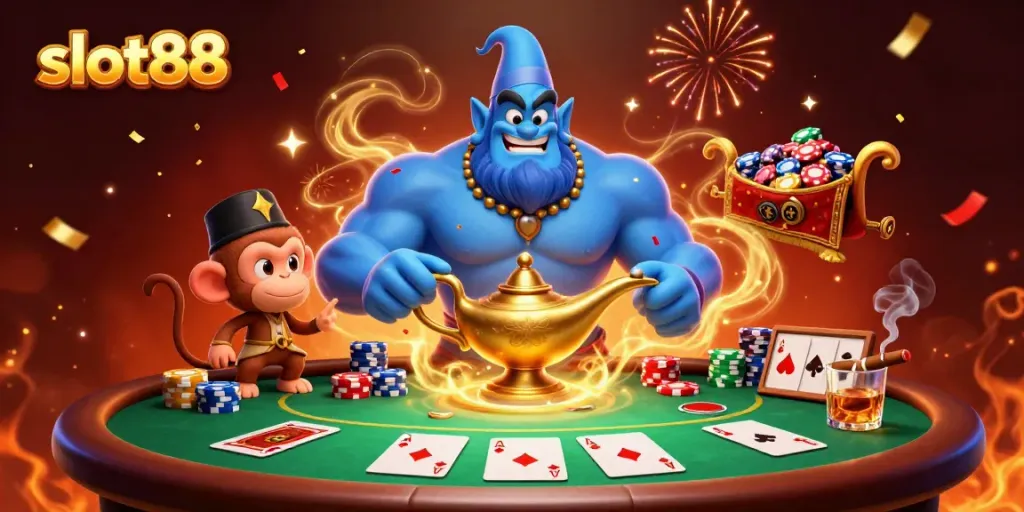 Menangkan slot88 dengan petualangan slot penuh warna dan genie ajaib yang mengeluarkan koin emas.