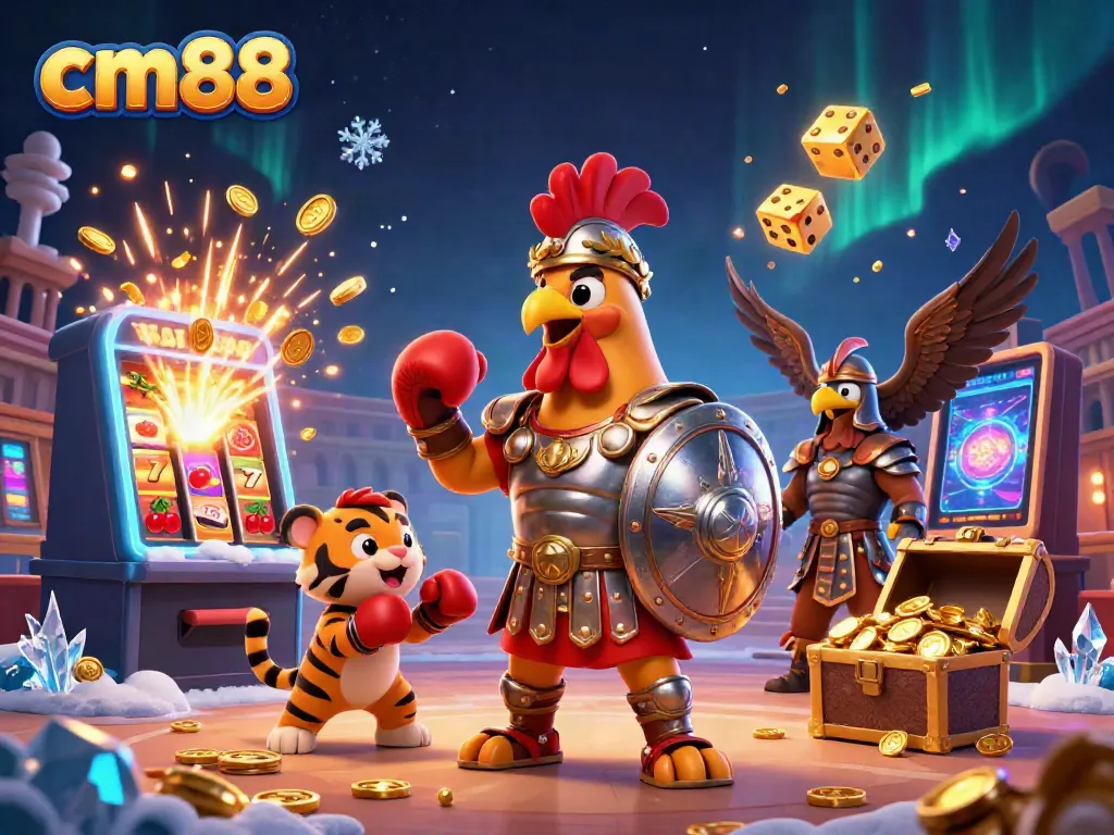 Engage with cm88's vibrant gambling atmosphere through an epic casino-themed illustration featuring a gladiator rooster and exciting slot symbols.