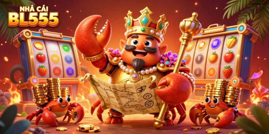 Engage with NHÀ CÁI BL555's underwater casino scene, showcasing a crab emperor and vibrant game elements.