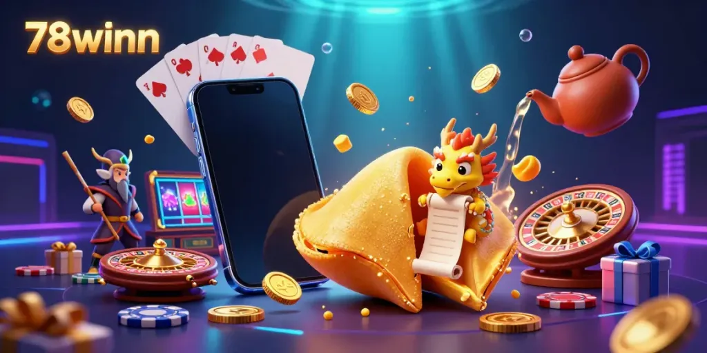 Engage with the vibrant 78winn gaming universe featuring a golden cookie, wise dragon, and slot games.