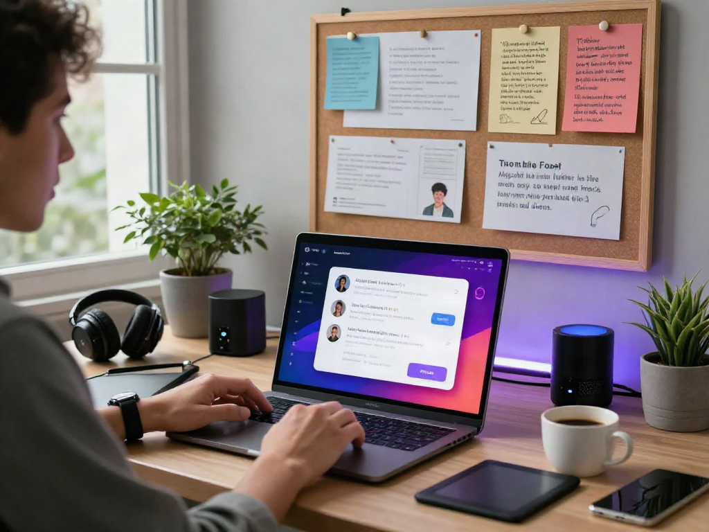 AI chat NSFW application interface in a modern workspace, user engaging with interactive features and tech gadgets.