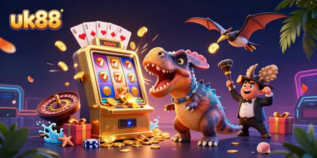 Experience thrilling jackpots at uk88 with playful dinosaurs in a vibrant casino scene.