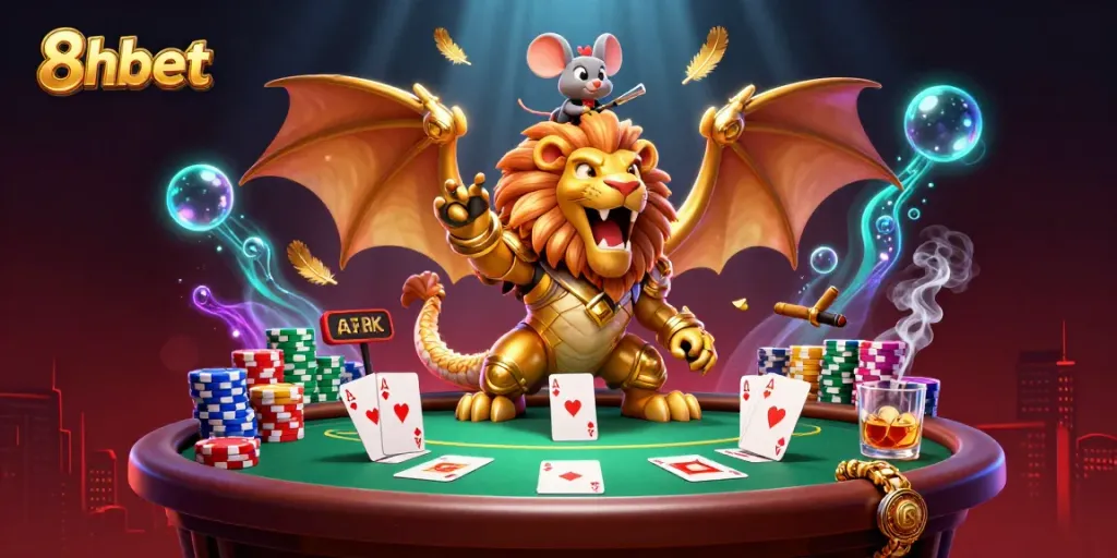 Engage with 8xbet through this vibrant 3D illustration of a golden chimera at a poker table.