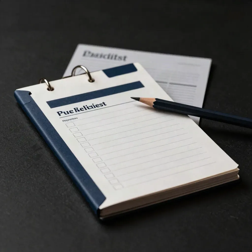 Drukowany folio checklist przed publikacją z tabami i ołówkiem na ciemnym tle.