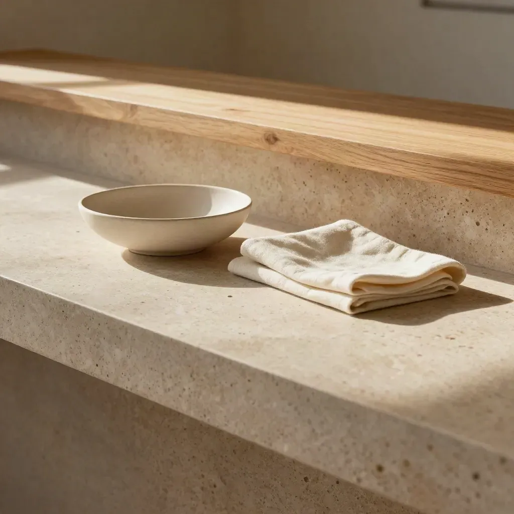 Jasny blat z trawertynu, ceramiczną misą, złożoną kremową tkaniną i dębową listwą.