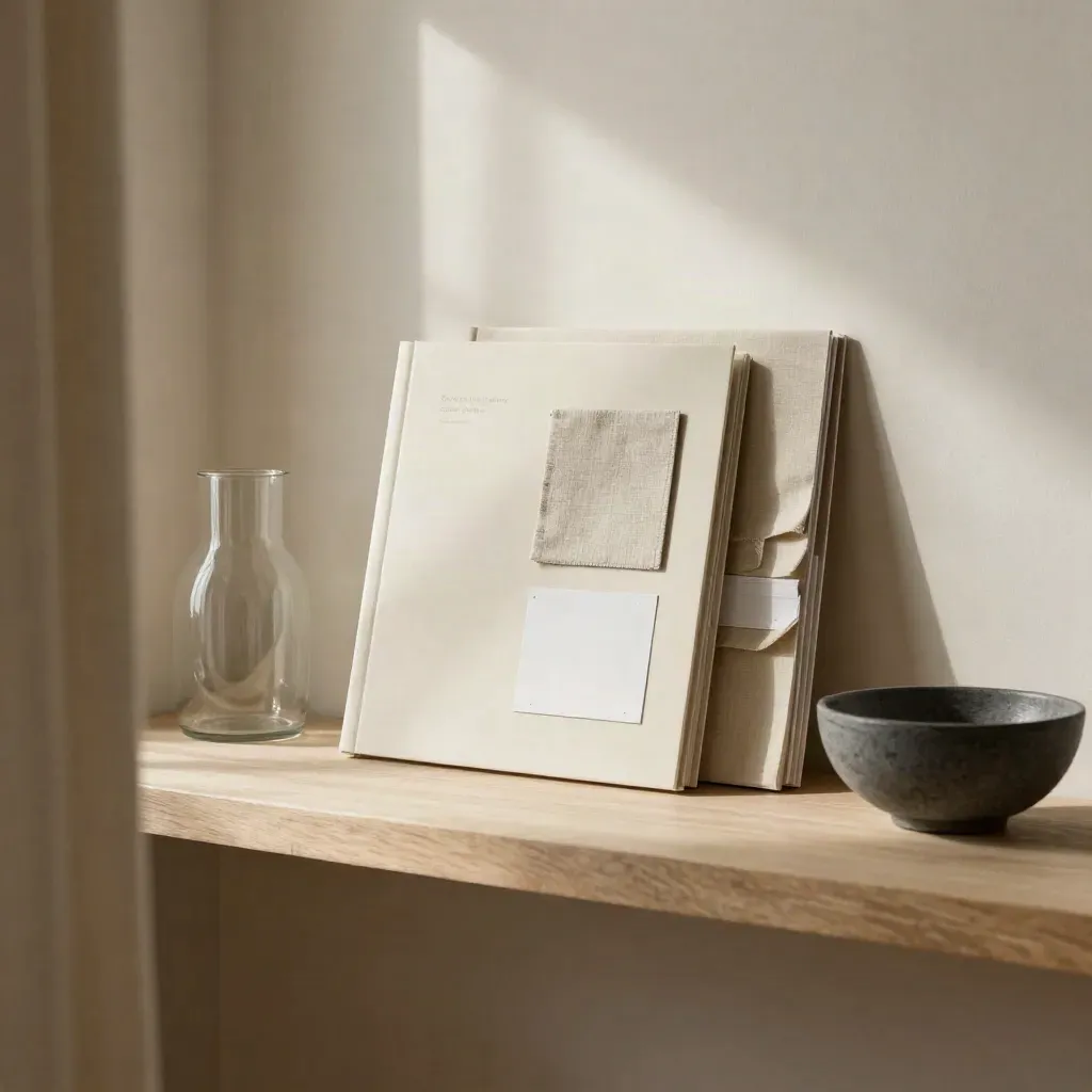 Jasny kąt atelier z lnem, półką i neutralnymi folio case studies.